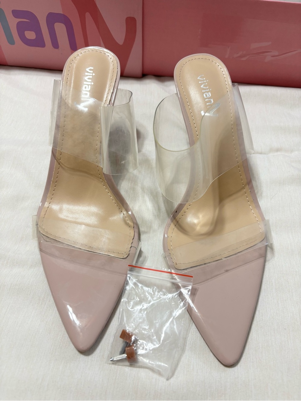 Vivianly Nude Pointed Toe Clear Strap Heels